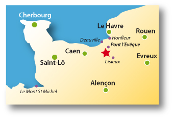 Carte Calvados situant Lisieux, Pont l'Eveque, Deauville et le Pays d'Auge